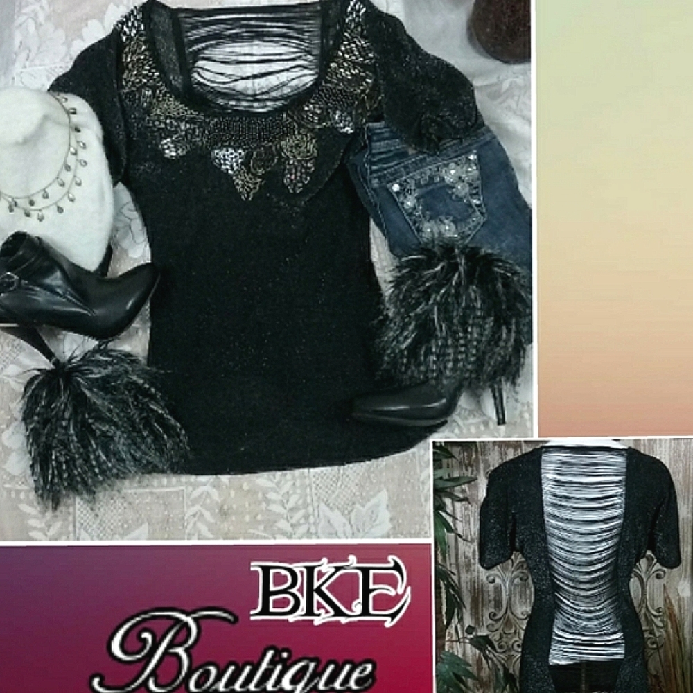 BKE Sweater Top Bead & Sequin Detail Threaded Back